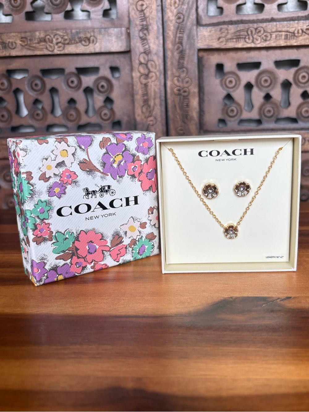 COACH Tea Rose Pendant Necklace and Earrings Gift Set NWT/ Box